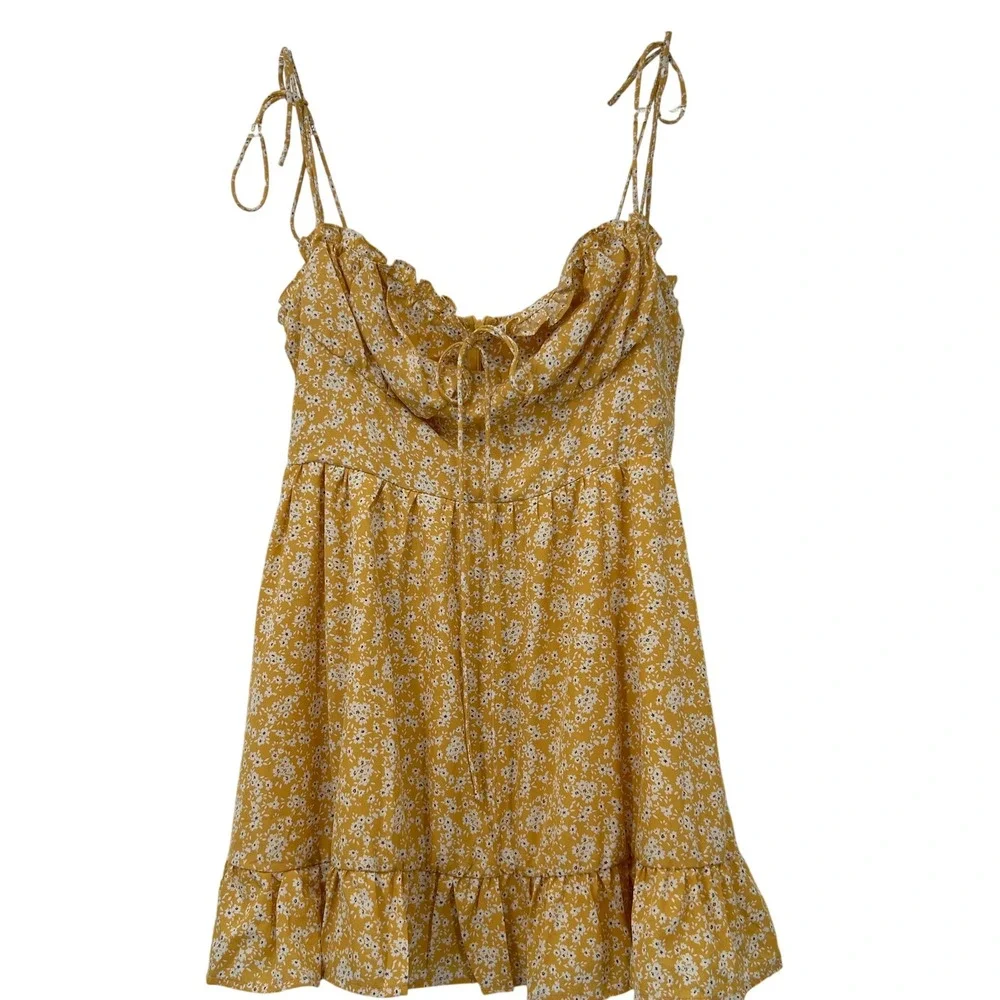 Cider Women Ginger Yellow Floral Mini Dress Tie Strap Ruffle Hem Size L